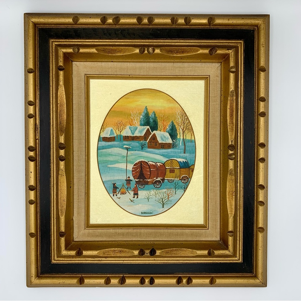 Vintage Framed Winter Oil Painting 16x18 Snow Scene Covered Wagon SIGNED (1950s)